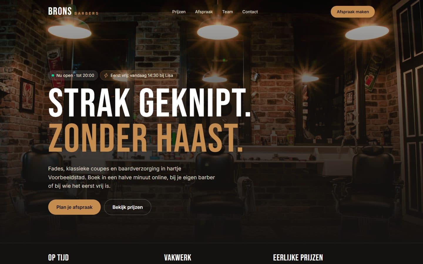Voorbeeldwebsite Brons Barbers op een computerscherm